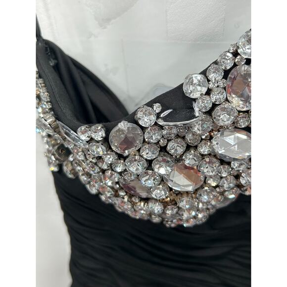Scala Black Crystal Embellishments One-Shoulder Ruched Cocktail Dress Sz 8 FLAWS - Picture 9 of 16
